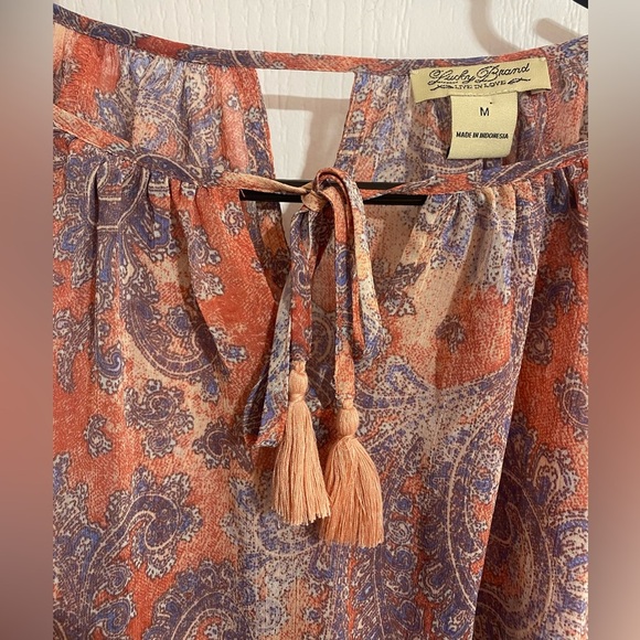 Lucky Brand Boho Tassel Tie Lightweight Coastal Paisley Sheer Blouse Size Medium - Picture 3 of 10